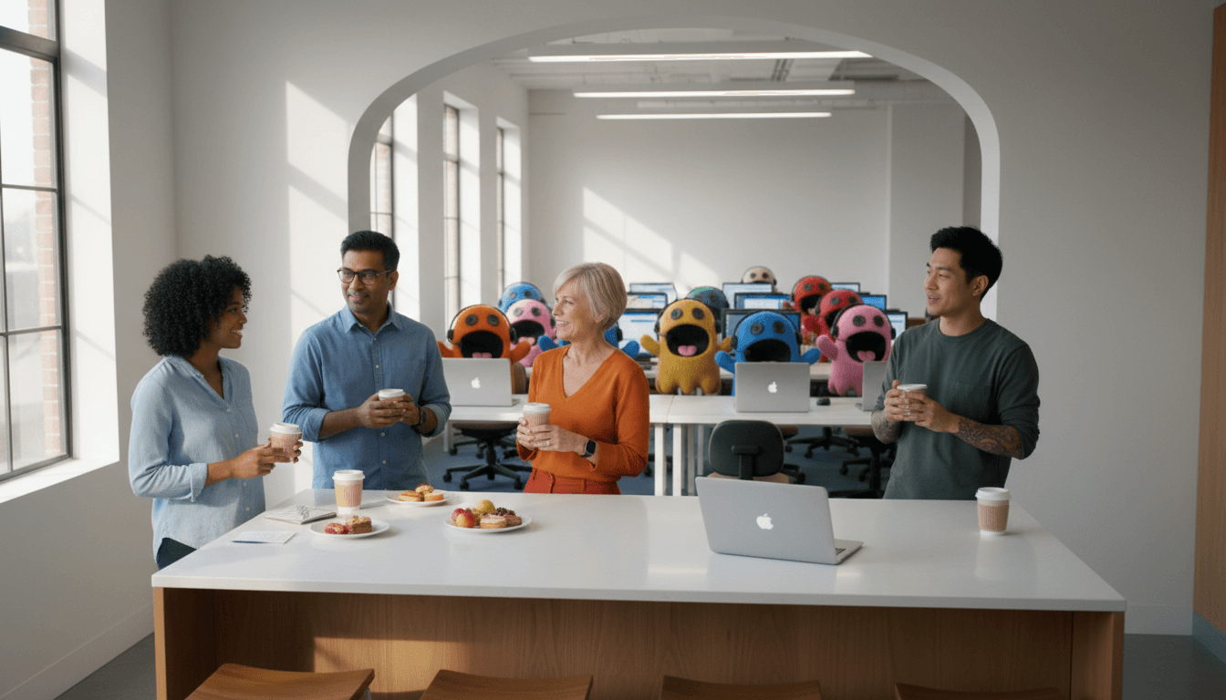 A Yappa ghost mascot working at a kitchen island — the crew handling calls wherever you are.
