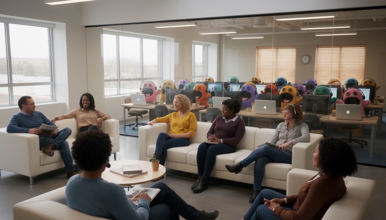 A bright office lounge — people relaxing on sofas while, behind the glass, a row of colourful Yappa ghost mascots in headsets work the phones.
