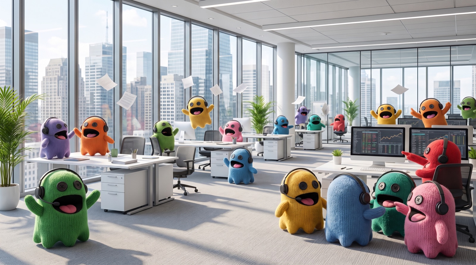 A lively open-plan office full of Yappa ghost mascots in headsets, one pointing, city skyline through the windows.